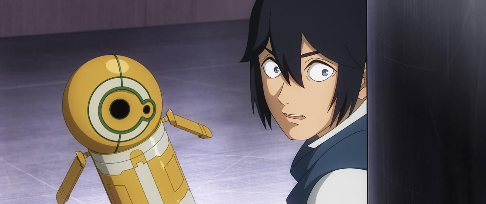 Boy peeks from behind a door at a small yellow robot with a surprised expression on his face