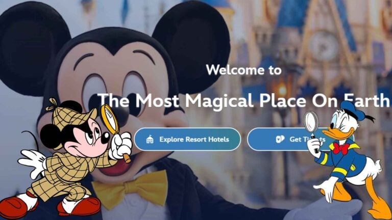 Guest in a Mickey Mouse costume with Disney characters on a welcome banner for a magical theme park; prominent CTA buttons read 'Explore Resort Hotels' and 'Get Tickets'