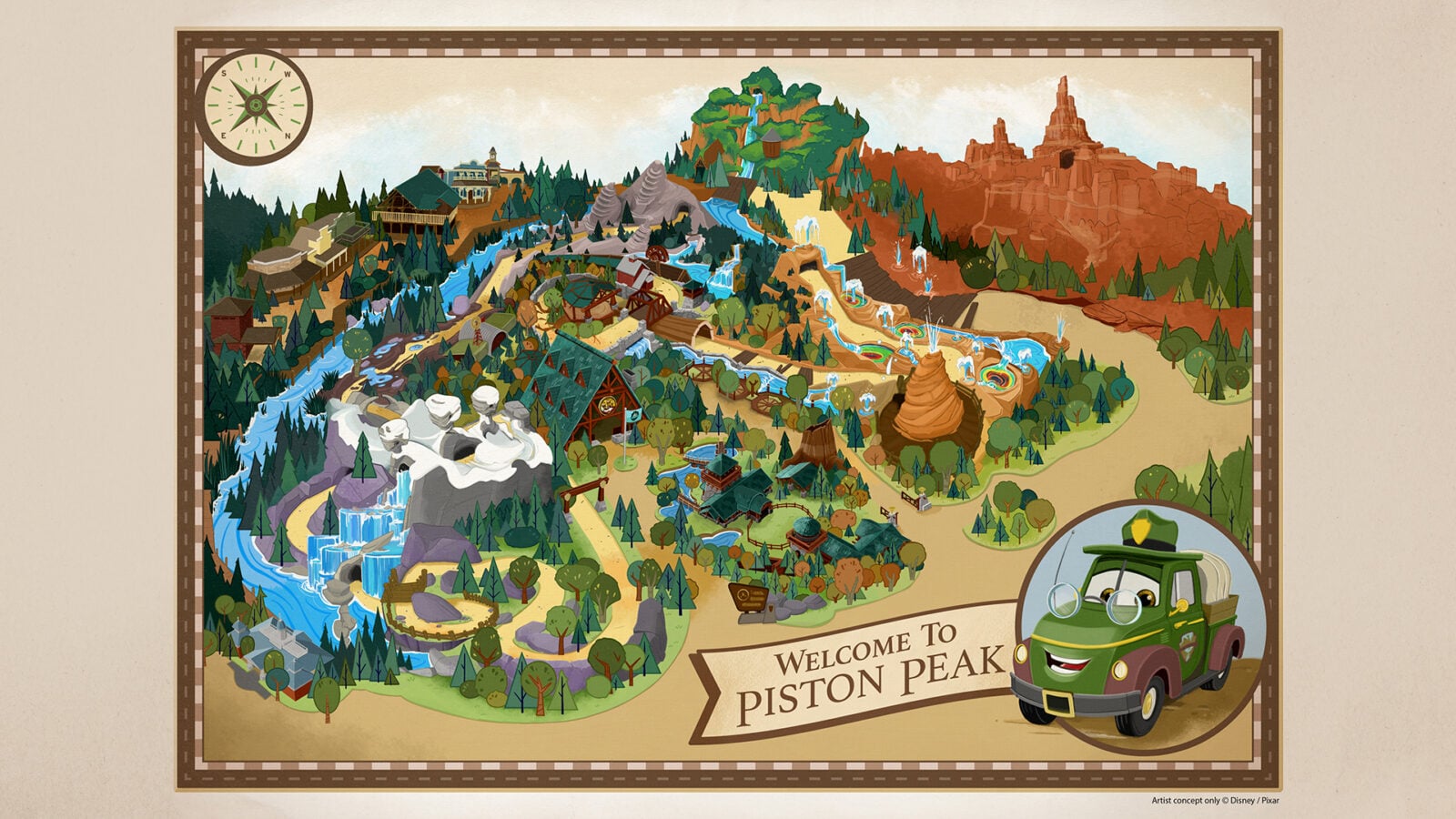 Illustrated map of Diston Peak theme park with mountains rivers rides trees and a smiling green car in the lower right corner