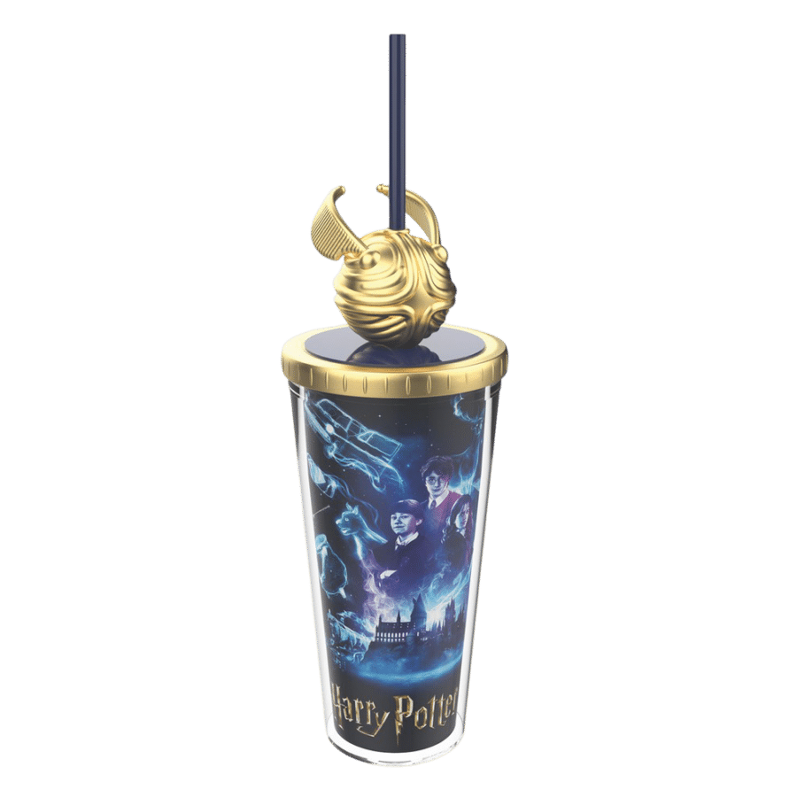 Harry Potter themed tumbler with a gold Snitch ornament on the lid and a black straw featuring blue magical artwork on the cup