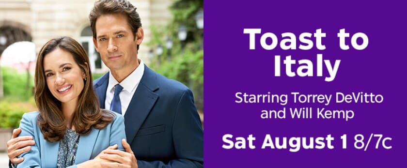 Promo banner smiling couple in business attire on the left purple panel on the right with Toast to Italy cast and Sat August 1 87c