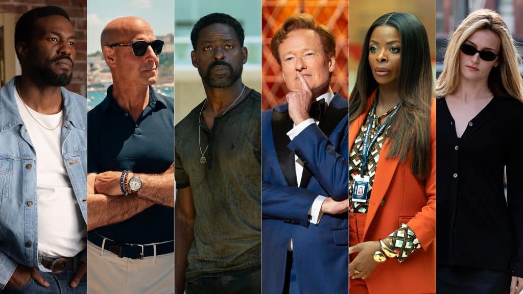 Six person collage from left to right individuals in varied outfits including denim jacket polo dark tee blue suit orange blazer and black top with sunglasses on the last person