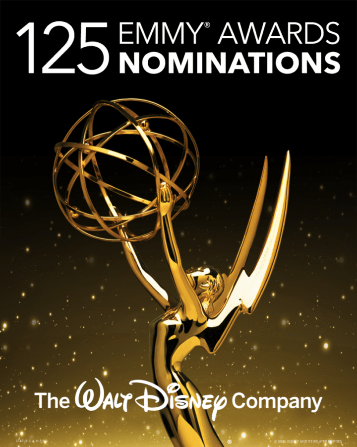Golden Emmy statuette raised in triumph on a dark gold background with bold text reading 125 EMMY AWARDS NOMINATIONS and the Walt Disney Company logo at the bottom