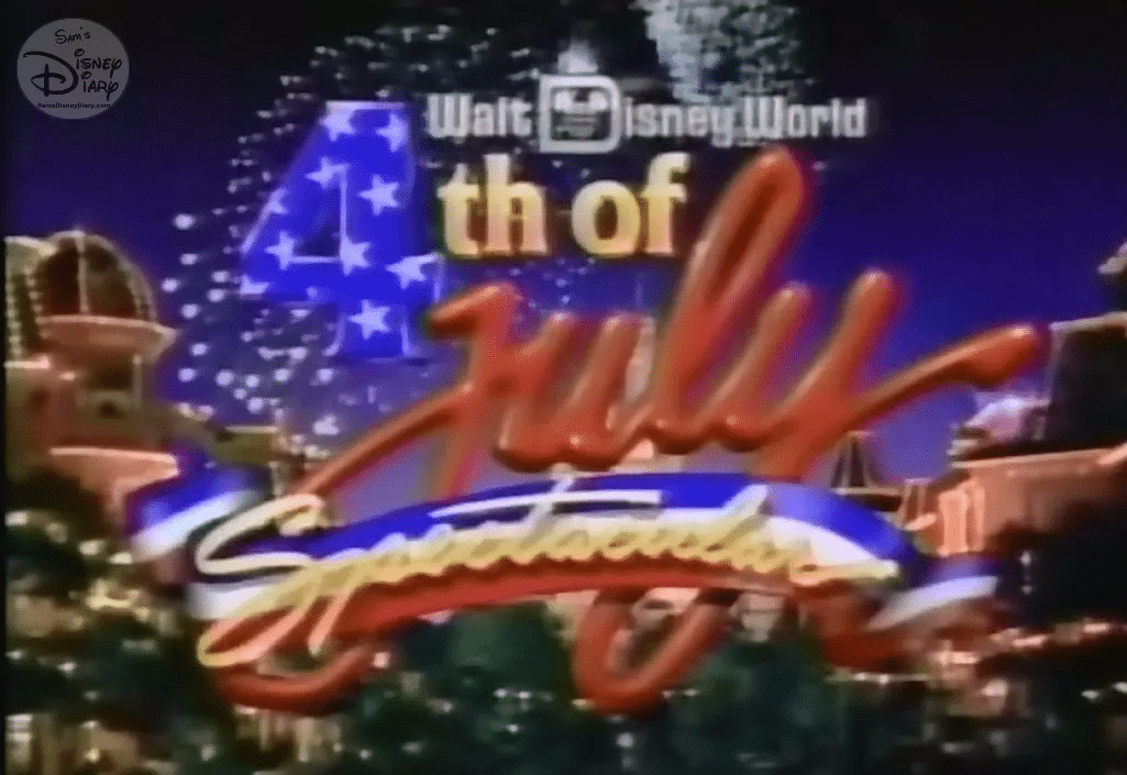 Walt Disney World Fourth of July celebration sign with fireworks and patriotic colors in a nighttime scene