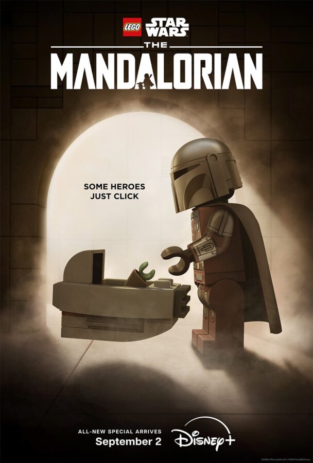 Promotional LEGO Star Wars The Mandalorian poster showing a LEGO Mandalorian beside a pod with the caption Some heroes just click for Disney+  arrives September 2