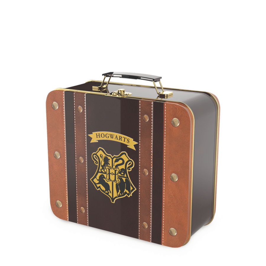 Leather style travel case featuring a Hogwarts crest and yellow HOGWARTS banner on a dark brown panel with brass hardware and orange brown edges