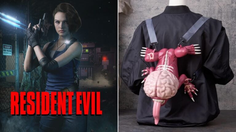 Left panel: woman in a blue sleeveless top aiming a pistol in a dark lab setting; right panel: black jacket with a pink anatomical backpack showing a brain and rib cage