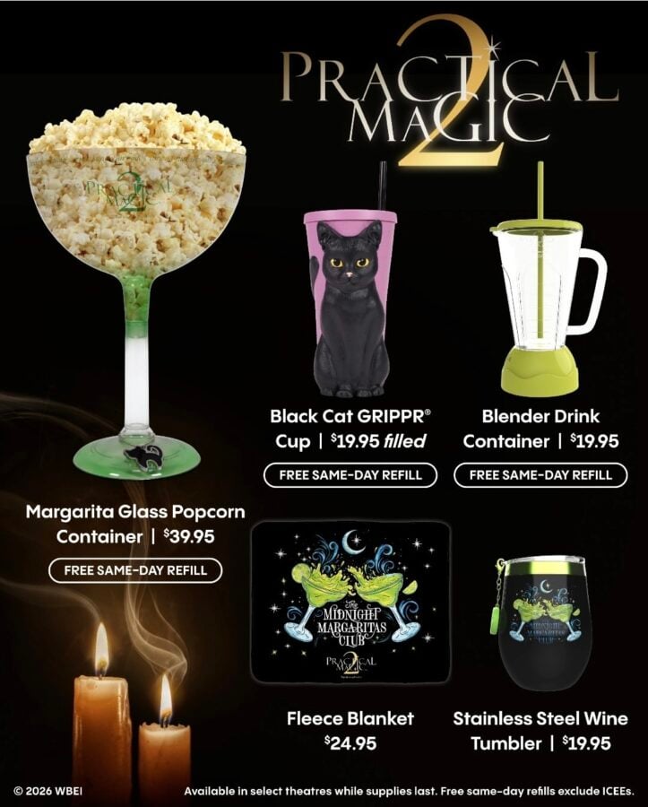 Promotional collage of Practical Magic 2 items Margarita Glass Popcorn Container Black Cat GRIPPR Cup Blender Drink Container Fleece Blanket Stainless Steel Wine Tumbler plus candles