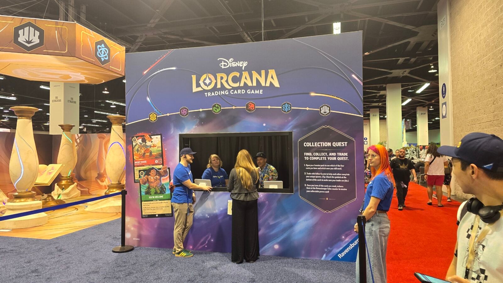 Disney Lorcana trading card game booth at a convention with a large blue backdrop and staff at a counter behind a black curtain next to a collection quest sign to the right