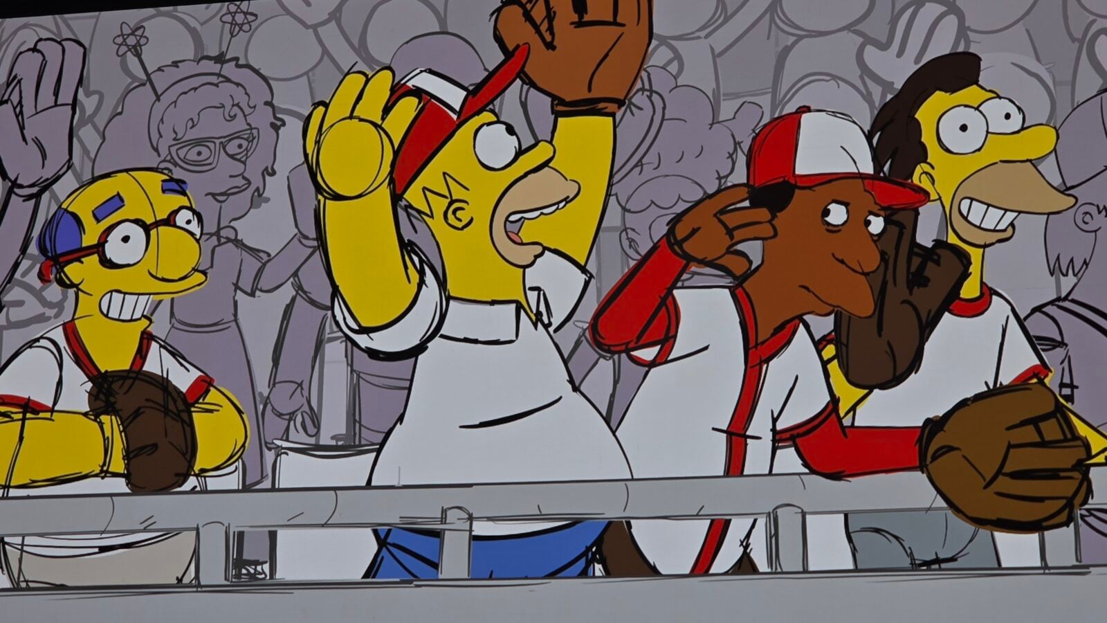 Cartoon crowd at a stadium cheering Bart Simpson waves with arms raised while other fans in colorful outfits cheer in the background