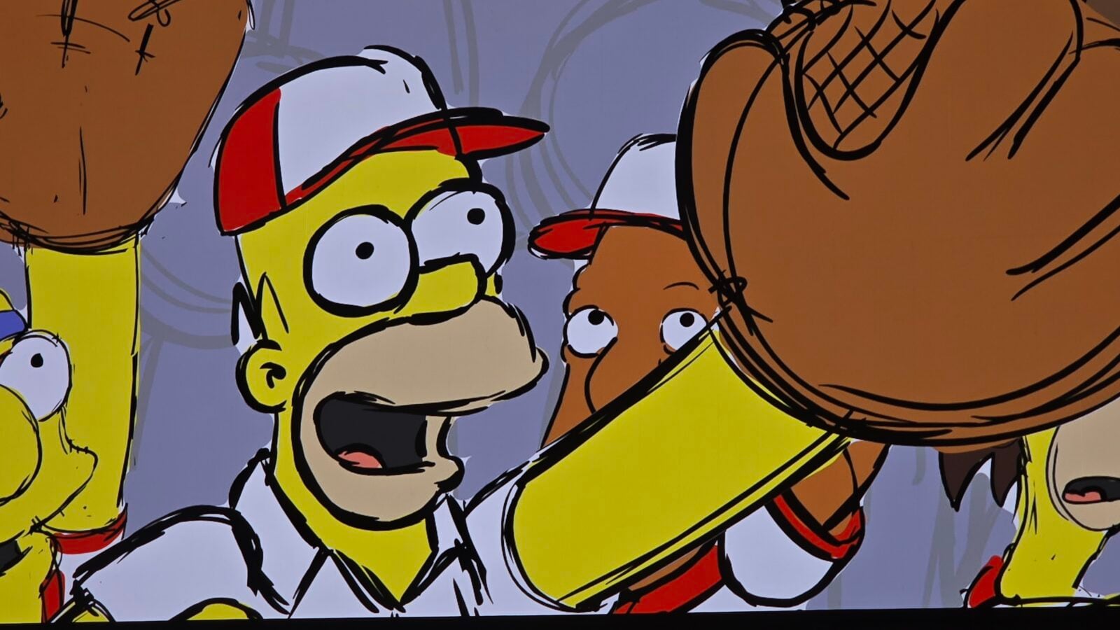 Close up of several cartoon characters with yellow skin wide eyes and surprised expressions in a group shot