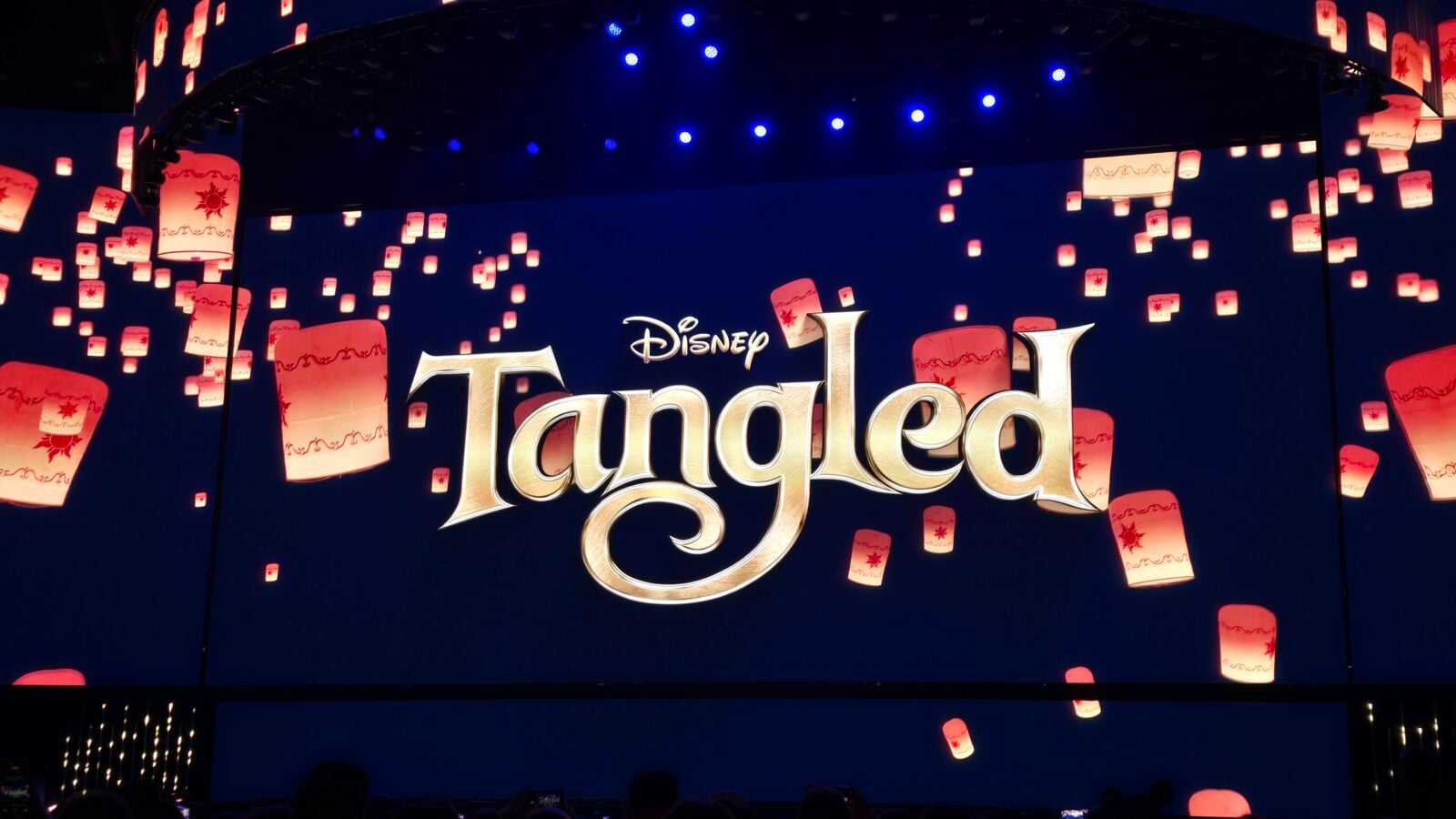 Stage backdrop for Disney Tangled with floating lantern graphics