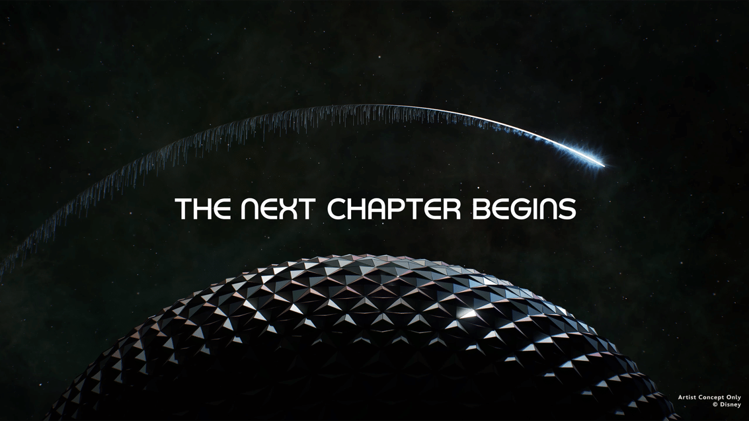 Space themed banner with a faceted domed planet and a curved arc reading THE NEXT CHAPTER BEGINS