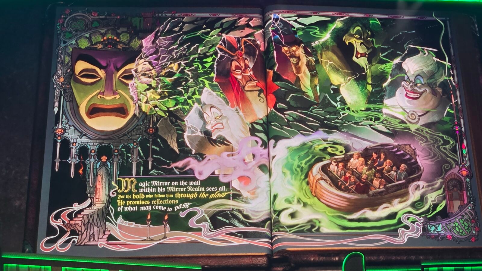 Vivid fantasy illustration across two page spread with green lit frame showing large masked face monsters and a tunnel of scenes below Includes ornamental text panel at bottom reading a fairy tale verse