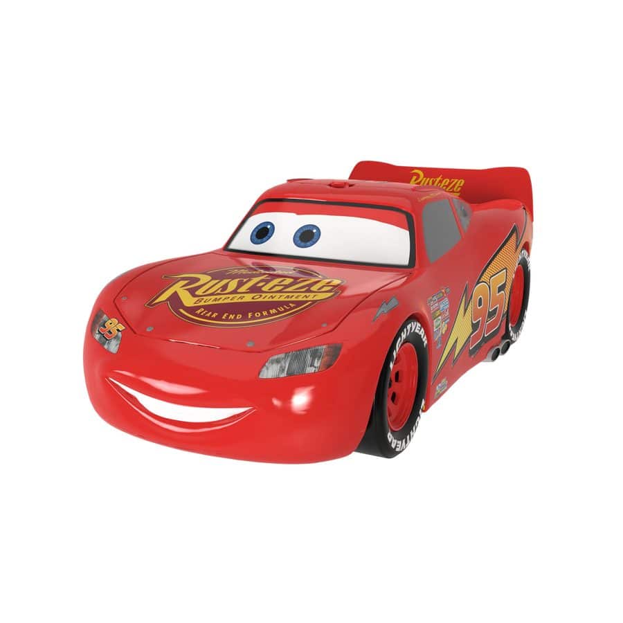 Red race car character from Disney Pixar Cars Lightning McQueen with blue eyes sponsor decals and Rust Eze branding on the hood and spoiler