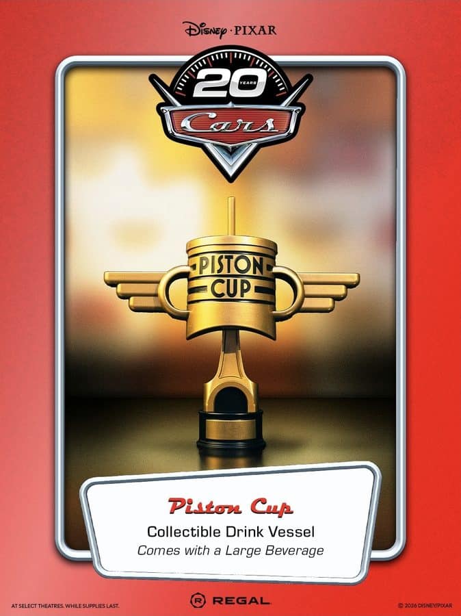 Golden Piston Cup trophy with wings on a red wall commemorating Cars 20th anniversary Collectible drink vessel option shown on card label