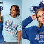 Split image of friends in blue Disney World hoodies wearing Minnie ear headbands against a light blue backdrop Walt Disney World logo in top left