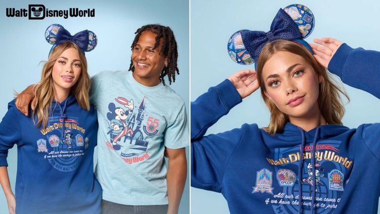 Split image of friends in blue Disney World hoodies wearing Minnie ear headbands against a light blue backdrop; Walt Disney World logo in top left.