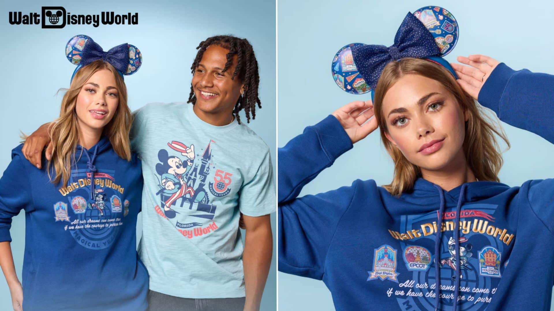 Split image of friends in blue Disney World hoodies wearing Minnie ear headbands against a light blue backdrop; Walt Disney World logo in top left.