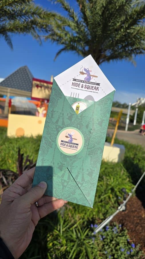 Hand holding a teal decorative folder with a white flyer that reads Hide  Squeak at an outdoor festival palm trees in the background