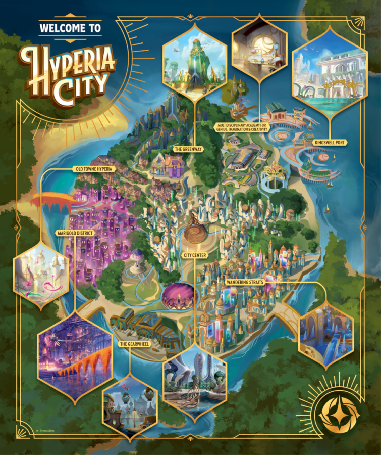 Fantasy map of Hyperia City with labeled districts and inset illustrations highlighting Old Towne Hyperia Marigold District The Greenway City Center Wandering Straits The Gearwheel and Kingswell Port