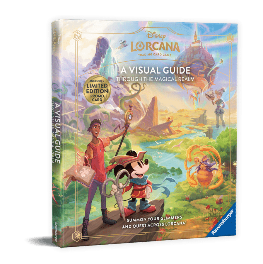 Cover of Disney Lorcana A Visual GuideLimited Edition promo card fantasy landscape with characters including Mickey Mouse and a trainer Ravensburger logo