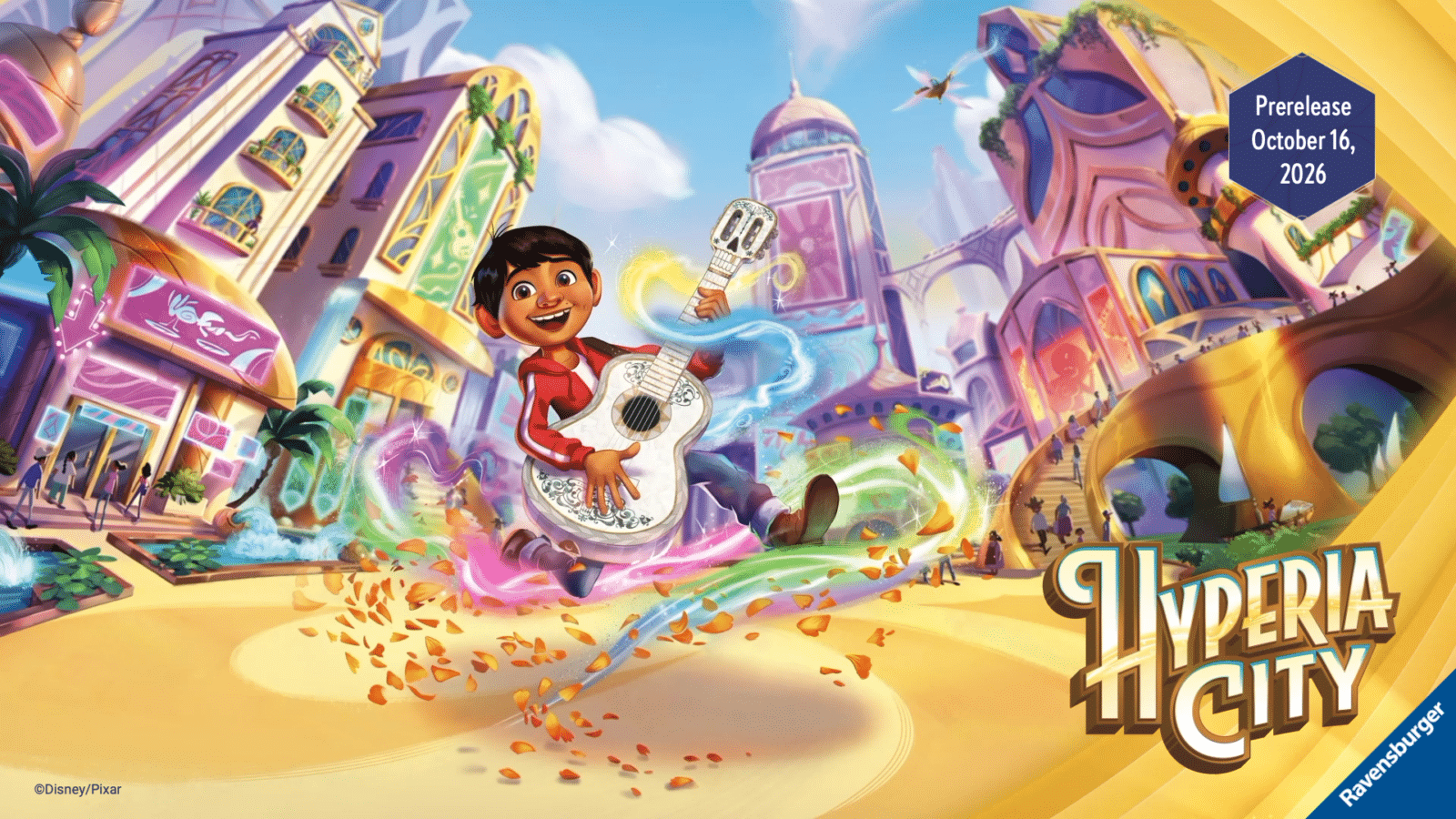 Colorful fantasy city cover with a boy smiling and playing a decorated guitar in the foreground swirling light trails and vibrant buildings in the background with a blue date badge in the top right corner