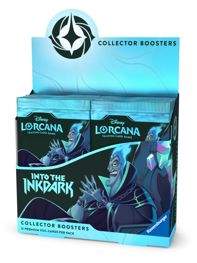 Disney Lorcana Into the Inkdark Collector Boosters display with two foil booster packs and blue artwork on a black box panel