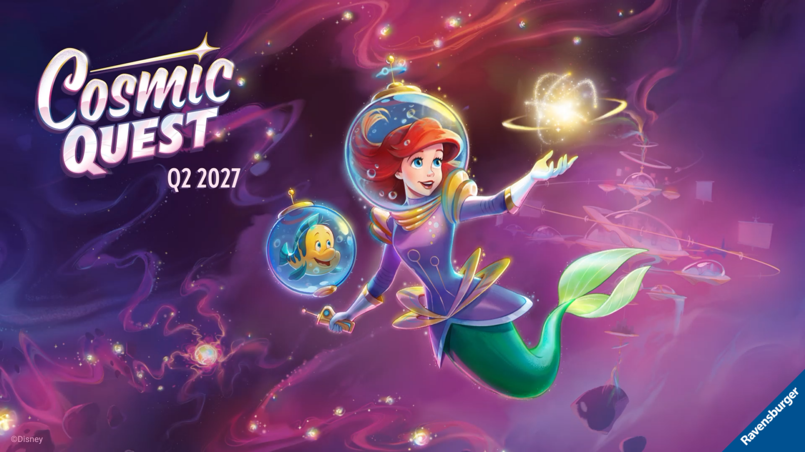 Cosmic Quest banner a girl in a space suit with a bubble helmet and a fish in a bubble showing Q2 2027