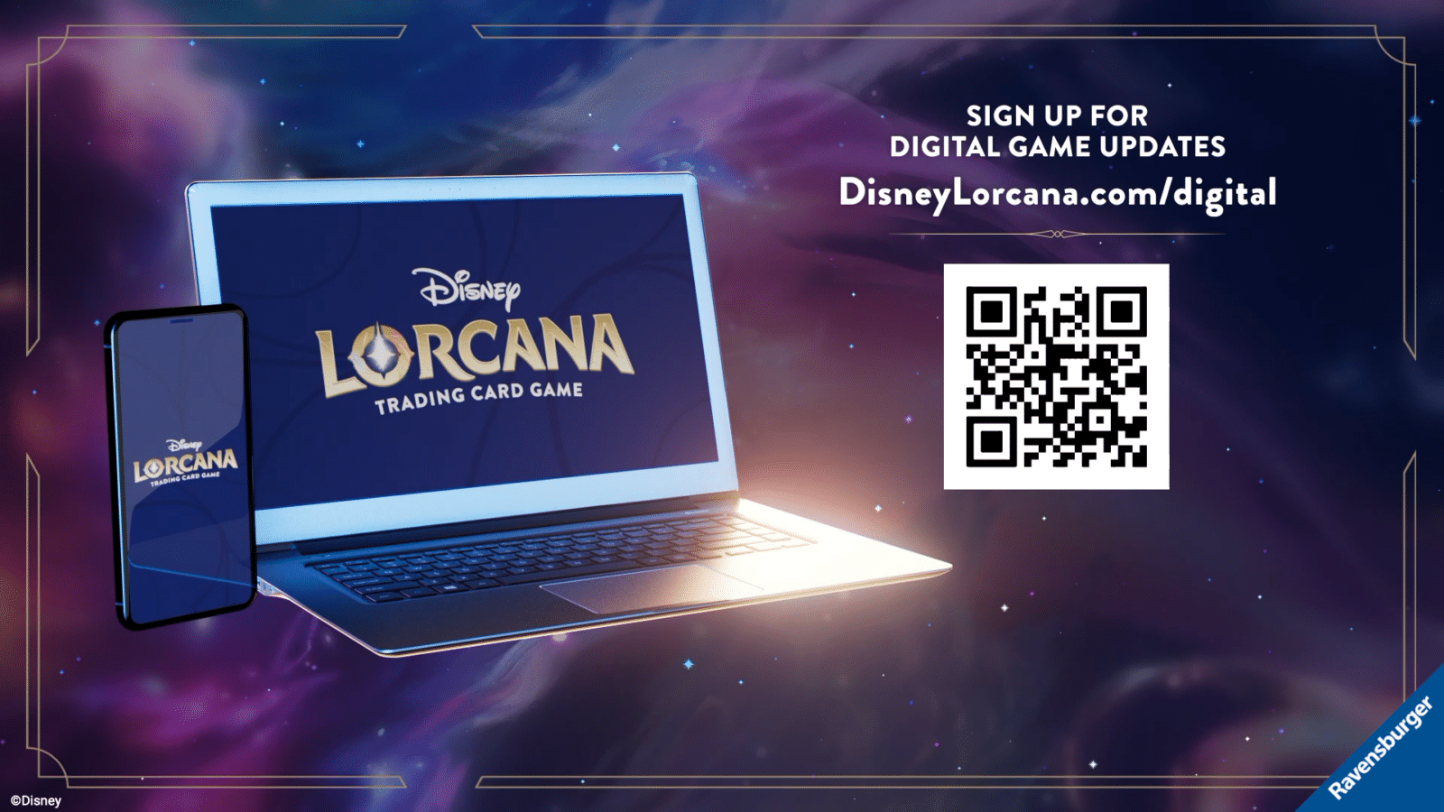 Sign up banner for Disney Lorcana digital game updates with a QR code to scan