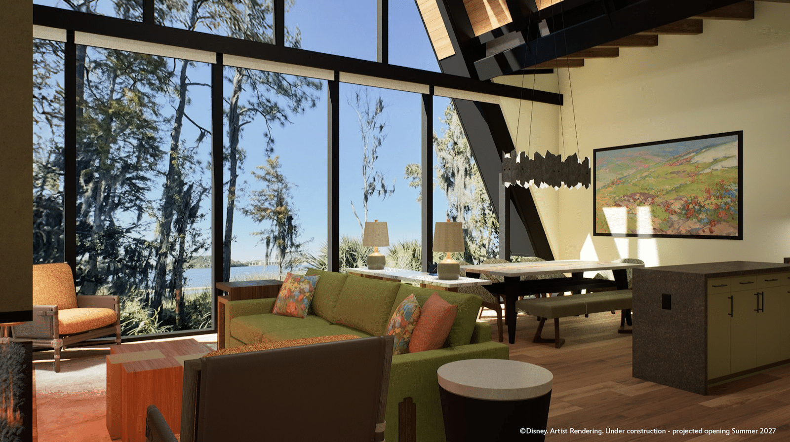 Open living room with large glass walls revealing trees and a lake outside green couch and contemporary furniture under a slanted ceiling hallmarking modern architectural design