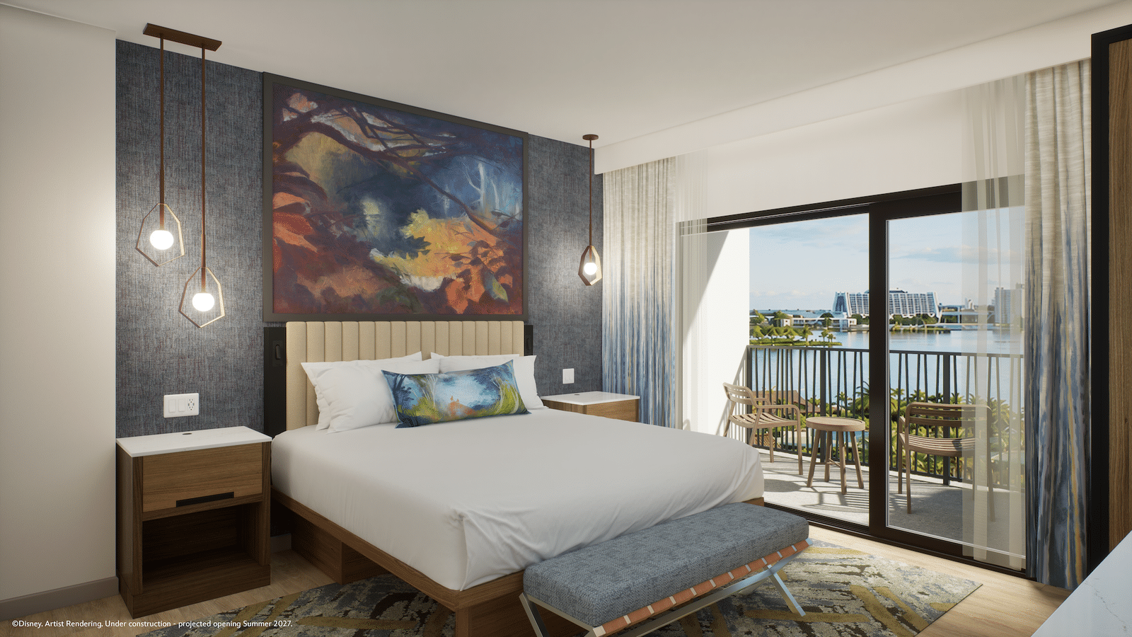 Hotel room with a queen bed beige headboard two wooden nightstands and a bench at the foot plus abstract wall art and pendant lights