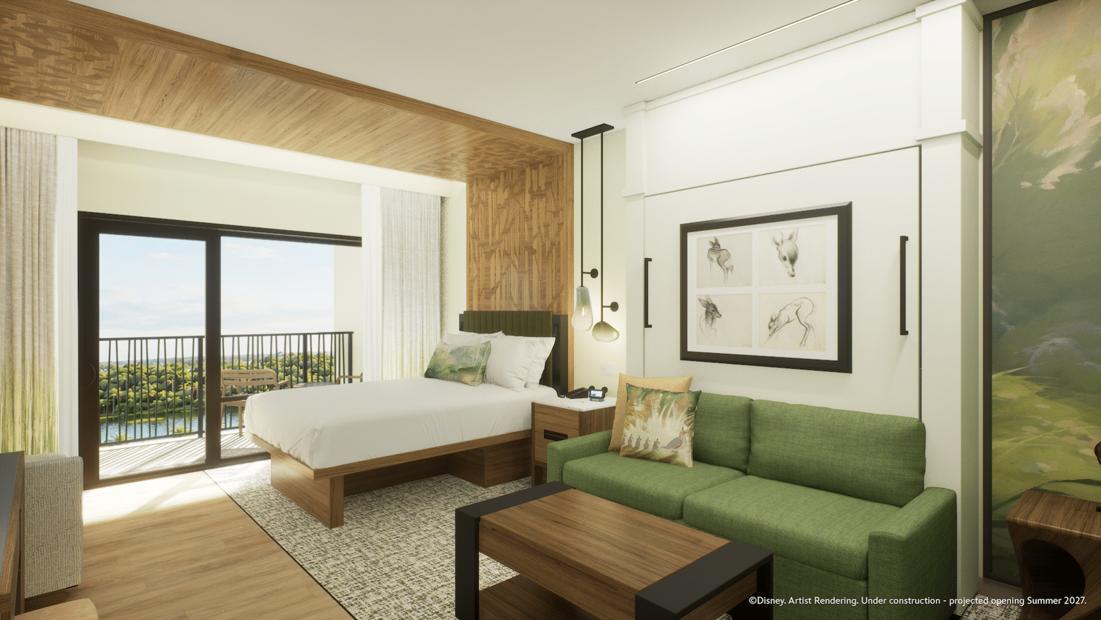 Hotel room with king bed green sofa and wooden accents sliding glass doors open to a balcony with trees and a lake view under bright daylight