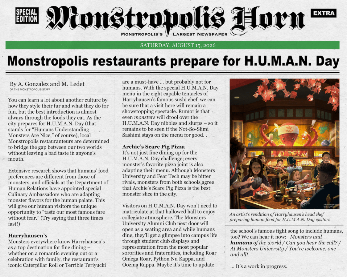 Front page of a fictional newspaper with a Gothic masthead and a large headline about Monstropolis restaurants preparing for HUMAN Day right column shows a colorful restaurant scene