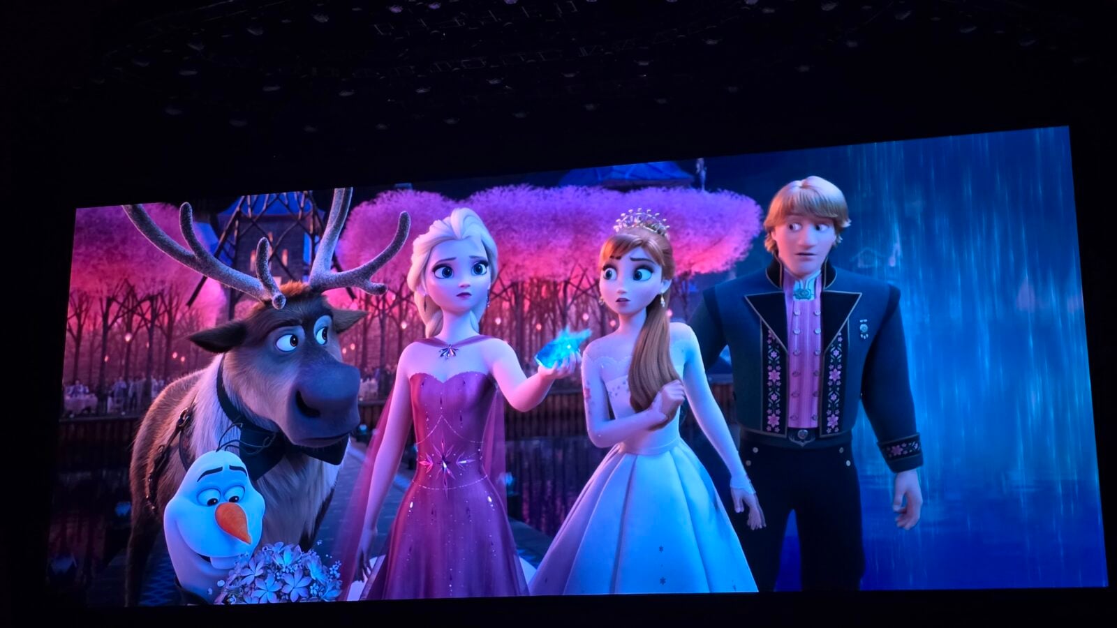 Elsa and Anna with Kristoff Olaf and Sven on a stage in a magical pink and blue forest scene with a waterfall in the background