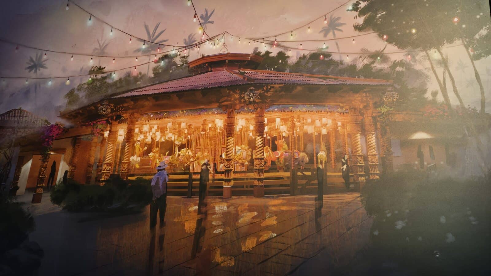 Ornate wooden pavilion with carved pillars string lights and performers in colorful costumes at a tropical festival stage