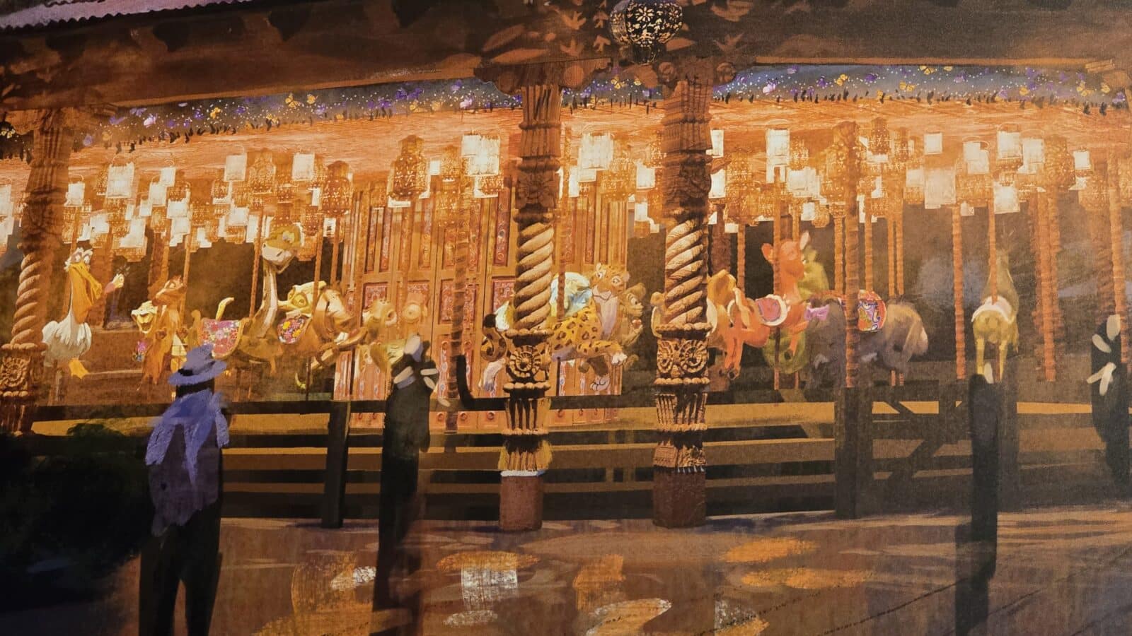 Decorative painting of a carousel with carved horses on twisted poles and ornate panels in warm browns and golds inside a dim room