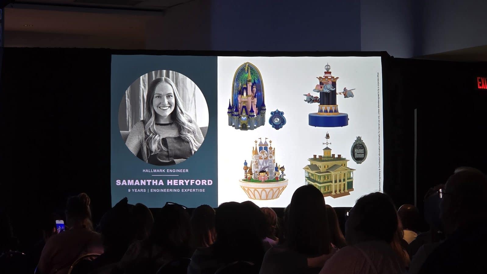 Slide showing portrait of Samantha Heryford Hallmark engineer with 9 years of engineering expertise beside whimsical castle illustrations and an audience in the foreground