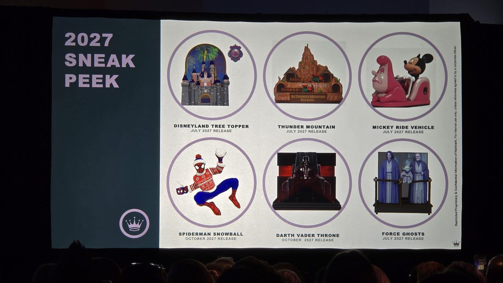 Preview slide showing 2027 releases with circular images Disneyland Castle topper Thunder Mountain railway Mickey ride vehicle Spider Man Snowball Darth Vader throne Force Ghosts