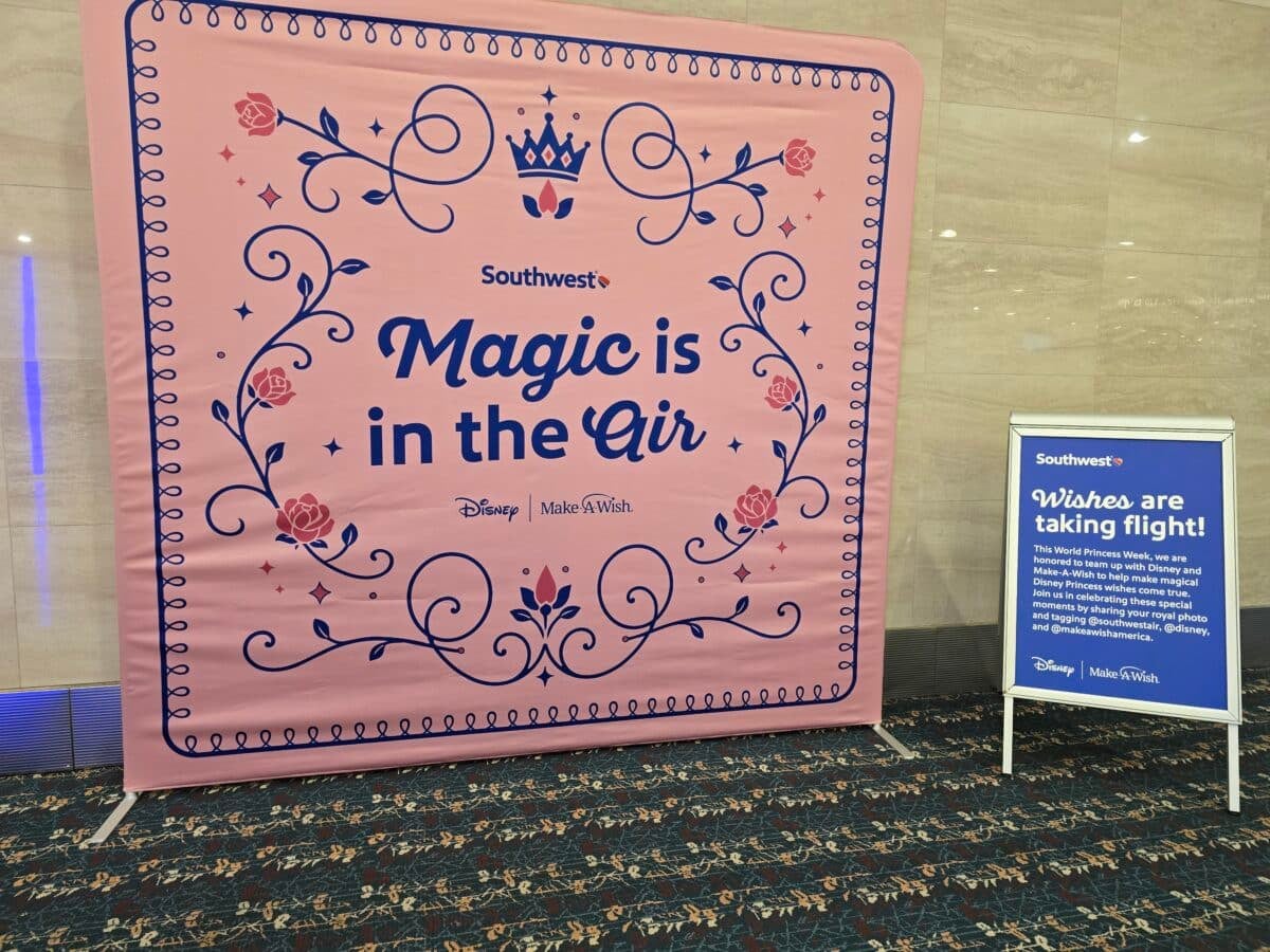 Large pink banner with blue decorative swirls and roses reading Magic is in the Air from Disney Make A WishSouthwest