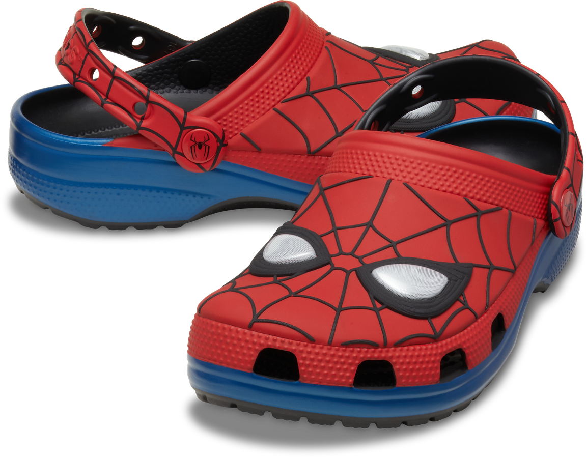 Spider Man themed red and blue clogs with a web pattern and black soles casual open back footwear for kids