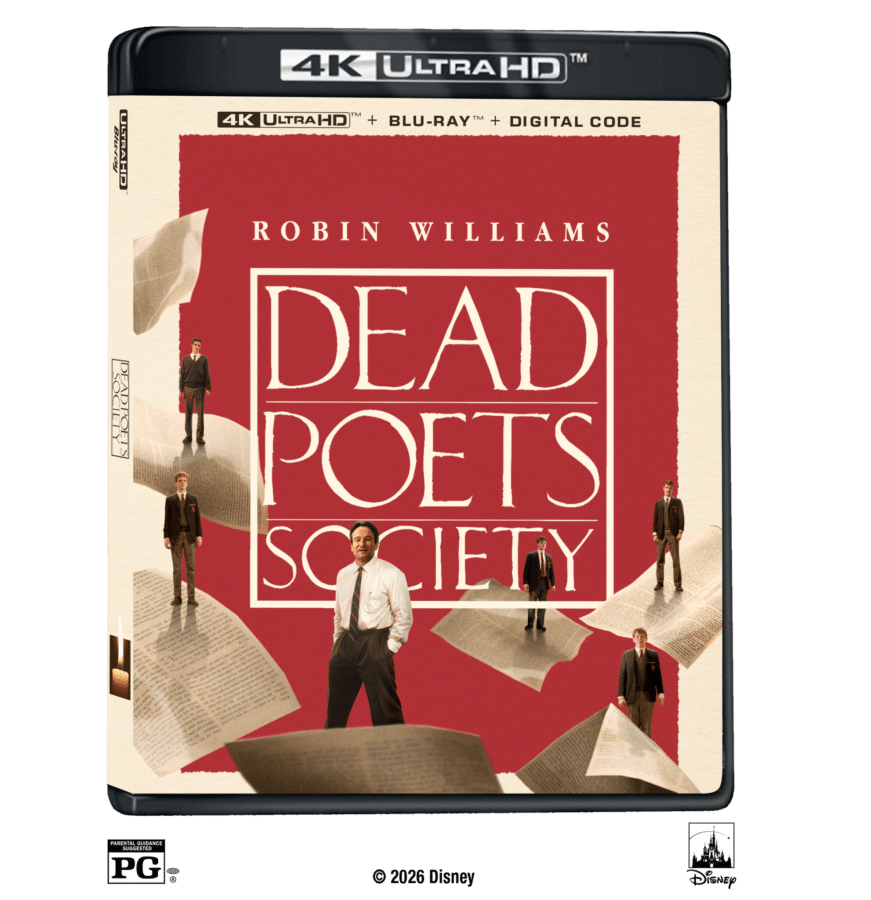 Blu ray cover for Dead Poets Society with a red title panel and multiple small figures standing on scattered newspaper pages 4K Ultra HD branding at the top copyright © 2026 Disney