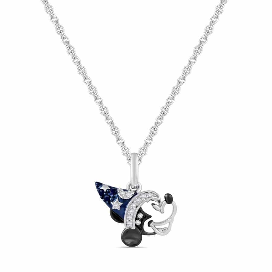 Silver chain necklace with a space themed pendant encrusted with blue and clear stones