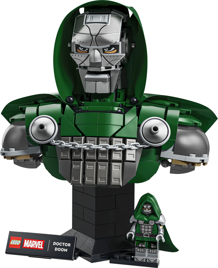LEGO Marvel Doctor Doom minifigure with green armor and hood beside a black display plaque reading Doctor Doom