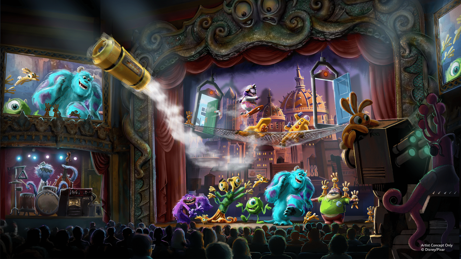 Vibrant theater scene with colorful monsters performing on a suspended net as the audience watches from the foreground under ornate stage decor