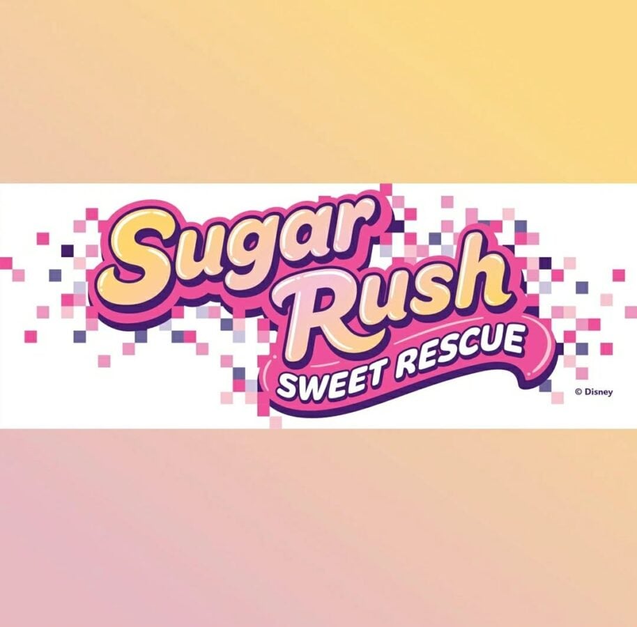 Sugar Rush Sweet Rescue logo in pink and yellow letters with pixel confetti on a white background