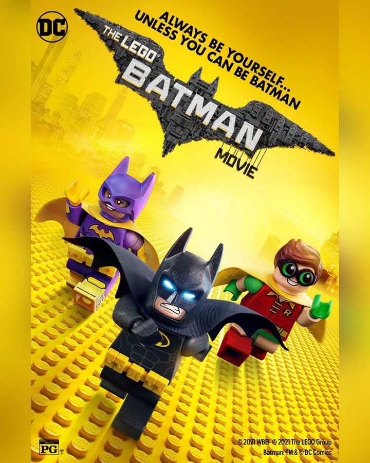 Poster for The LEGO Batman Movie featuring a LEGO Batman figure leaping on a yellow background with a large brick built Bat shaped rocket and the DC logo in the corner