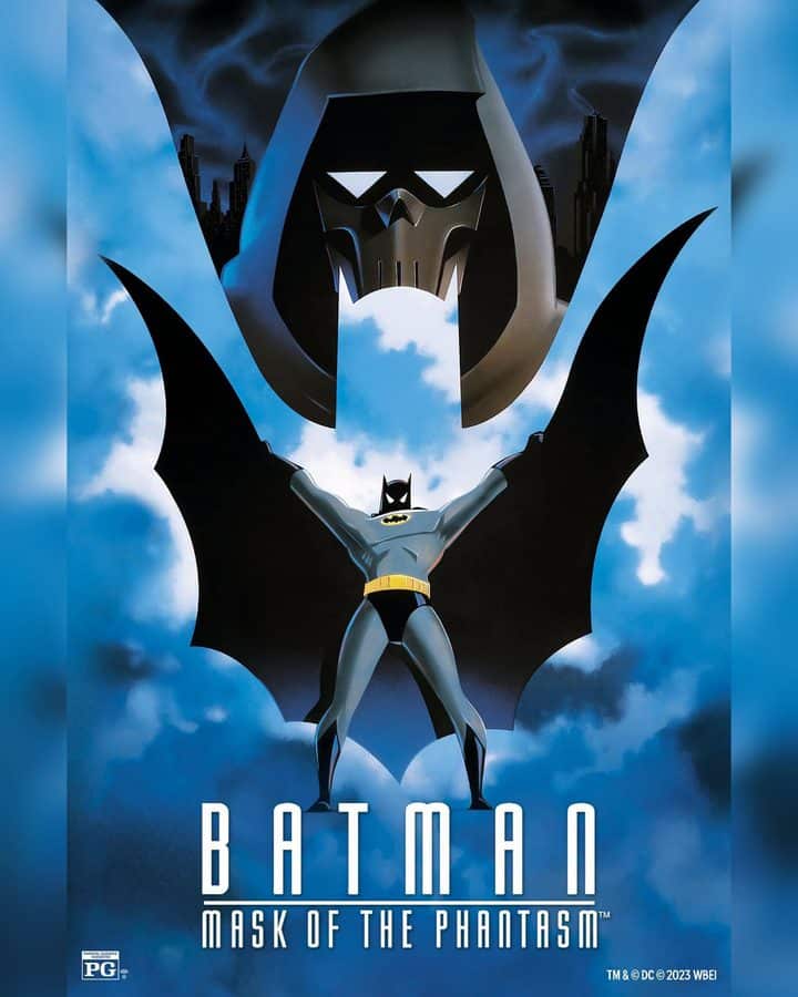 Batman poster a stylized image of Batman flying with cape spread blue sky backdrop and bold title BATMAN MASK OF THE PHANTASM below