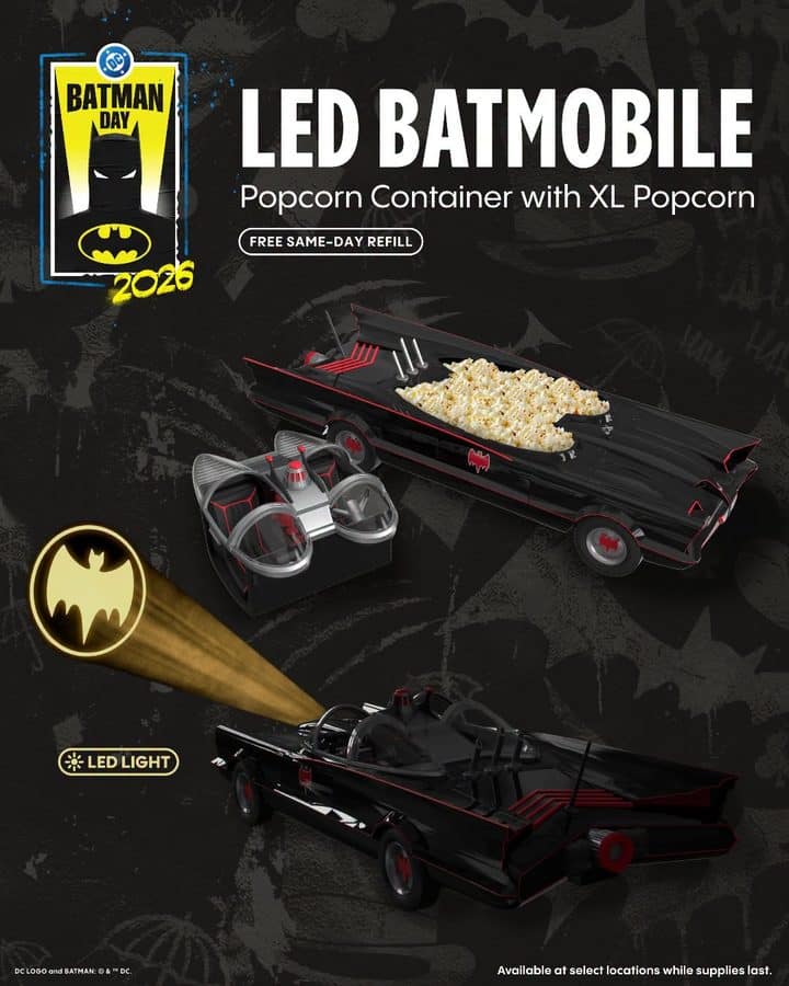 Batman Day LED Batmobile popcorn dispenser with XL popcorn tub and Bat signal branding