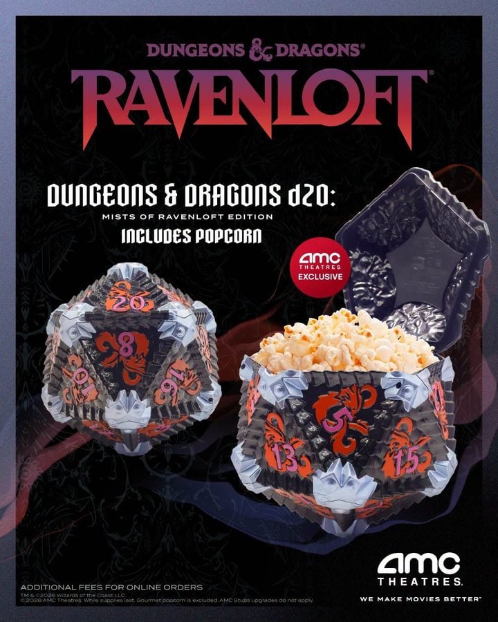 Promotional poster for Dungeons  Dragons Ravenloft featuring popcorn filled dice containers and AMC Theatres logo